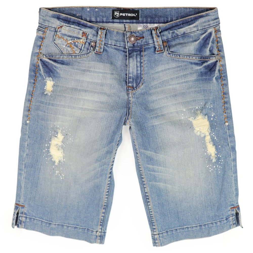 PJ Petrol Women's Tommie Bermuda Denim Jean Shorts Embellished Ripped Stretch 6
